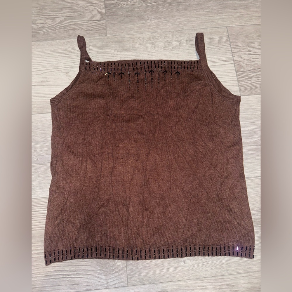 Vintage 90s Nicole Miller Brown Beaded Square Neck Tank Top, Size L